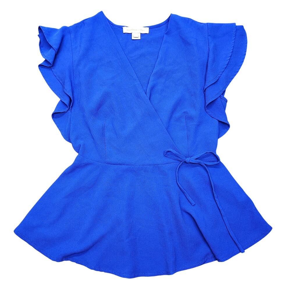 MONTEAU LOS ANGELES TIE WRAP BLOUSE – WOMEN’S S – ROYAL BLUE – FLUTTER SLEEVES